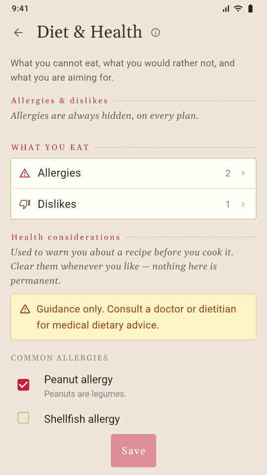 Allergy and diet settings