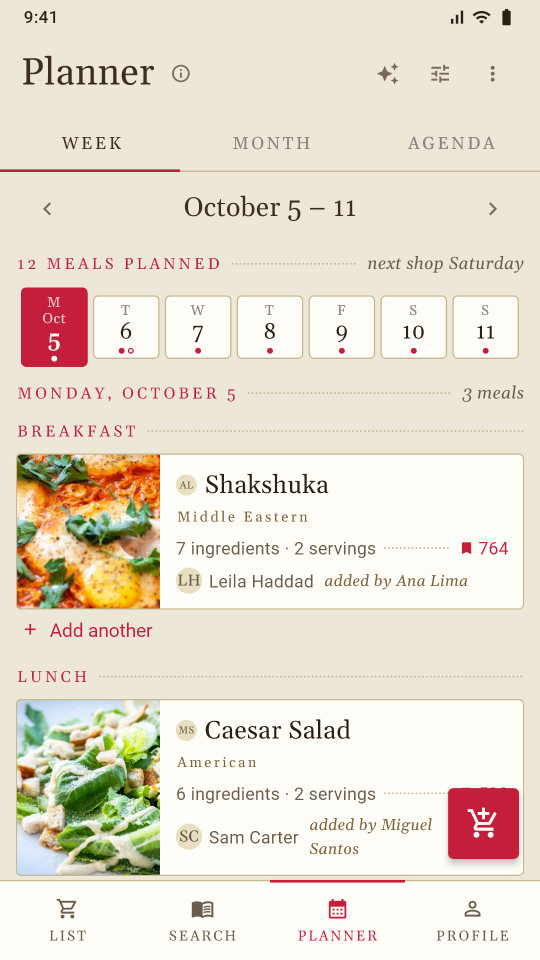 A shared week: each meal shows who added it