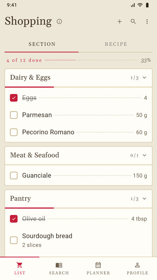 The shopping list, sorted by aisle