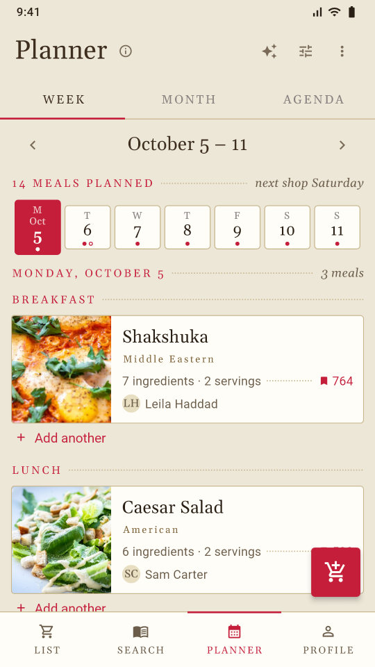 A week of meals in the Planner
